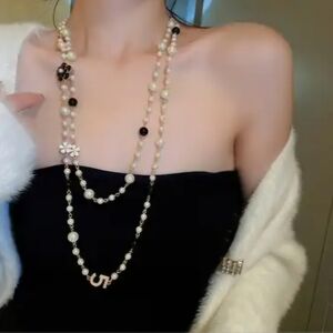 Elegant Pearl and Black Bead Long Necklace - Double Strand